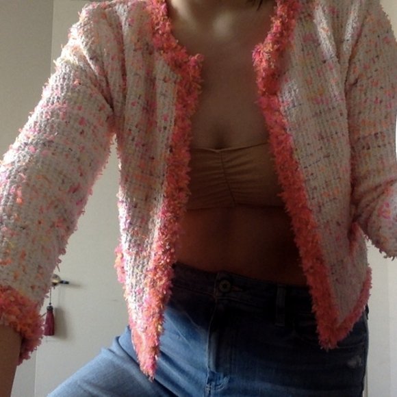 ZARA Hot Pink Tweed Cropped Cardigan Blazer - Picture 6 of 13